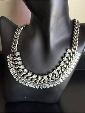 Silver-Tone Rhinestone Curb Chain Statement Necklace | Edgy Glam Chunky Bib